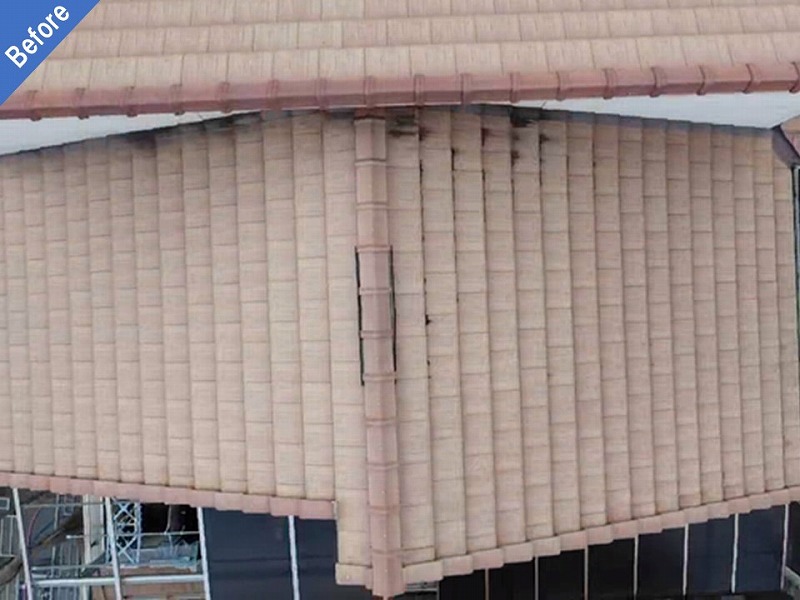 屋根塗装前のカビのあるモニエル瓦