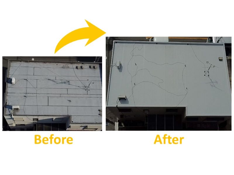 陸屋根へ3回目の塩ビシート防水工事（ビフォーアフター）